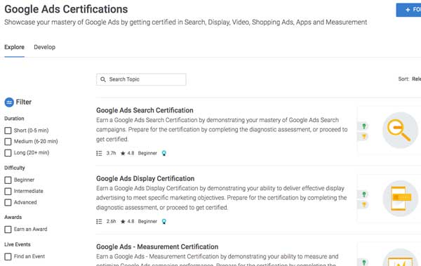 Google Ads certifications in Skillshop