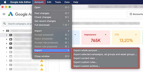 Google Ads Editor CSV export options