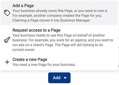 Options to add a Facebook Page to Business Manager