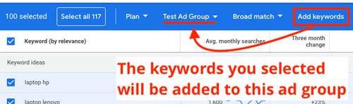 Add keywords to ad group in Keyword Planner