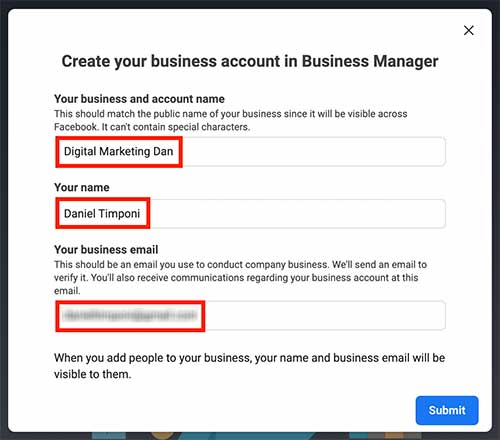 Create your business account in Business Manager popup