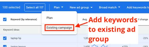 Add keyword to existing ad group within a campaign