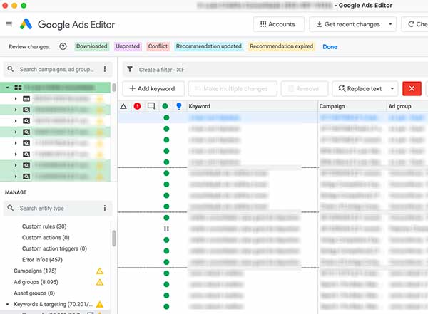 Duplicate keywords list in Google Ads Editor