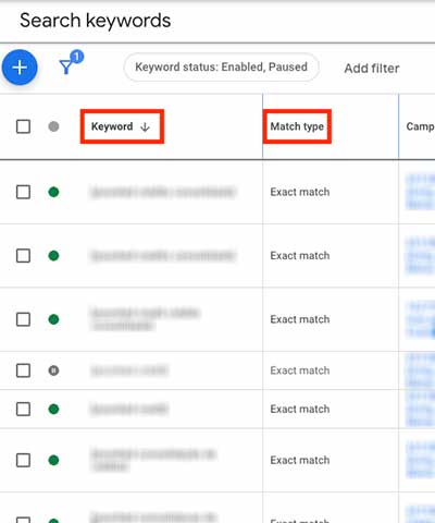 Keyword and Match Type columns in Google Ads