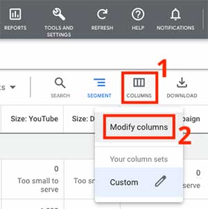 Modify columns menu