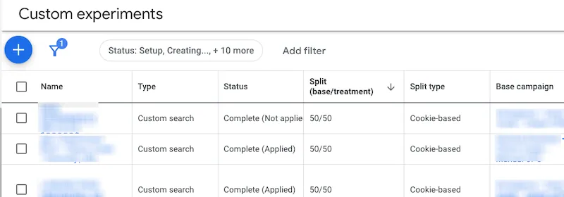 Custom experiments in Google Ads