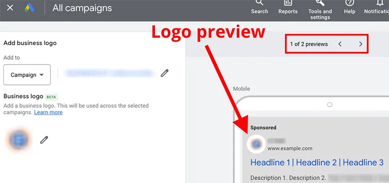 Business logo previews in Google Ads