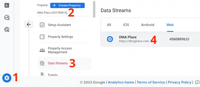 Select "Admin". Choose your property from the top of the Property column. Click on "Data streams" in the Property column. Locate the data stream for which you need the ID and click on it.