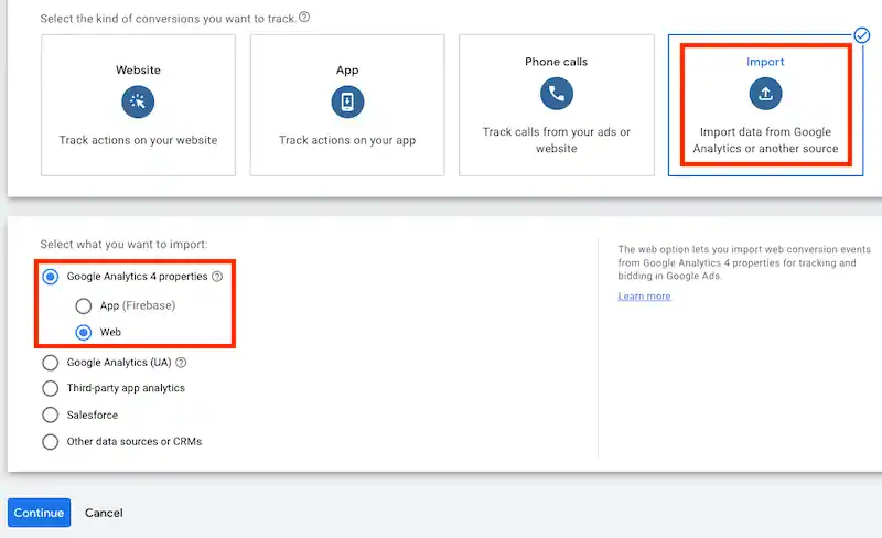 Google analytics 4, choose web