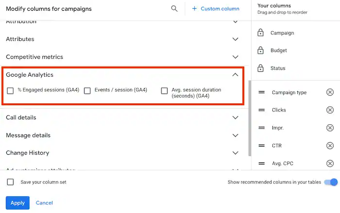 Add Google Analytics columns