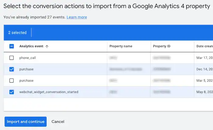 Select conversions to import