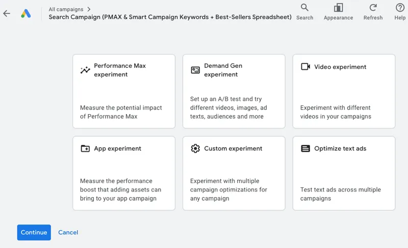Experiments section in Google Ads