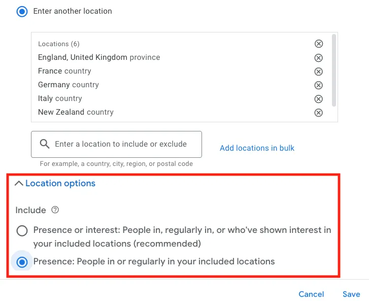 Location settings in Google Ads