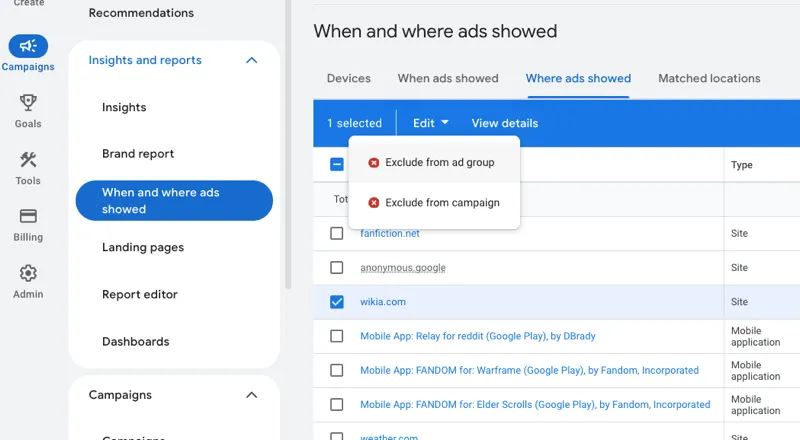Placement exclusions in Google Ads